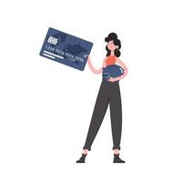 A woman stands in full growth with a piggy bank and a credit card in her hands. Isolated. Flat style. Element for presentations, sites. vector