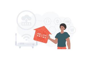 The man is depicted waist-deep, holding an icon of a house in his hands. Internet of things and automation concept. Good for presentations and websites. Vector illustration in flat style.