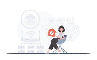 IoT concept. The girl sits in a chair and holds an icon of a house in her hands. Good for presentations. illustration in trendy flat style. vector