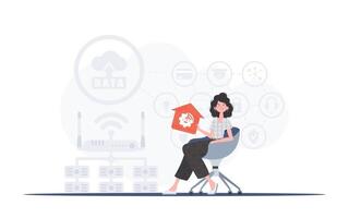 IoT concept. The girl sits in a chair and holds an icon of a house in her hands. Good for presentations. Vector illustration in trendy flat style.