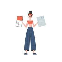 The girl is holding a calculator and a tax form in her hands. Isolated on white background. Vector illustration in a flat style.