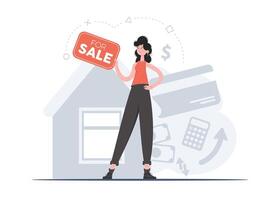 A woman stands in full growth against the backdrop of a house that is for sale. Property For Sale. Flat style. Element for presentations, sites. vector