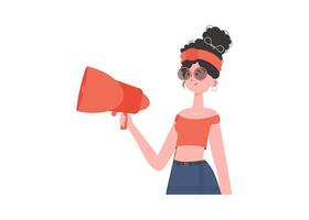 A woman stands waist-deep in her hands with a megaphone. Isolated. Element for presentation. vector