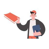 The guy stands waist-deep and holds a textbook in his hands. Isolated. Element for presentations, sites. vector