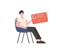 A man sits in a chair and holds a panel with analyzers and indicators in his hands. IoT concept. Isolated. Vector illustration in flat style.