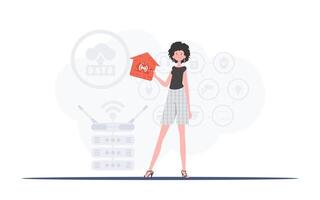 Internet de cosas y automatización concepto. el mujer es representado en lleno crecimiento, participación un icono de un casa en su manos. bueno para presentaciones vector ilustración en plano estilo.