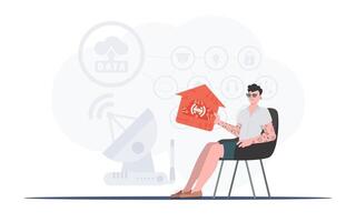 IoT concept. A man sits in an armchair and holds a house icon in his hands. Good for presentations. Vector illustration in flat style.