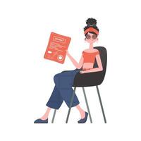 A woman sits in a chair and holds a contract in her hands. Isolated on white background. illustration in a flat style. vector