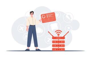 IoT concept. A man holds a panel with analyzers and indicators in his hands. Good for websites and presentations. Trendy flat style. Vector. vector