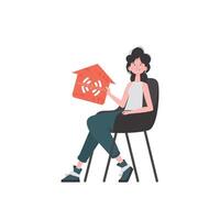 The girl sits in a chair and holds an icon of a house in her hands. IoT concept. Isolated. Vector illustration in trendy flat style.