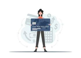 A woman stands in full growth holding a credit card in her hands. Deposit. Flat style. Element for presentations, sites. vector