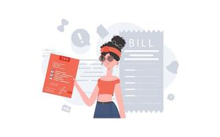 A woman stands waist-deep with a tax return in her hands. Taxes. Element for presentation. vector