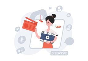 A woman stands waist-deep and holds a clapperboard in her hands. Blogging. Element for presentations, sites. vector