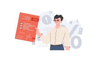 A man stands waist-deep and holds a tax payment form. Taxes. Element for presentation. vector