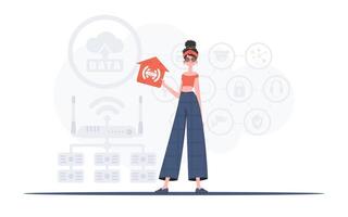 iot concepto. el mujer es representado en lleno crecimiento, participación un icono de un casa en su manos. bueno para presentaciones vector ilustración en plano estilo.