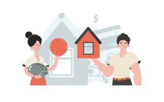 Girl and guy buys a house. Real estate purchase concept. People are depicted to the waist. Trend vector illustration.