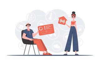 Internet of things concept. The girl and the guy are a team in the field of Internet of things. Good for websites and presentations. Vector illustration in flat style.