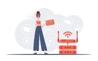 iot concepto. un mujer sostiene un panel con analizadores y indicadores en su manos. bueno para sitios web y presentaciones vector ilustración.