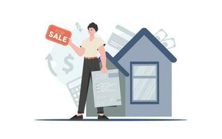 A man holds documents and a sign in his hands for sale. The concept of selling a house. trendy style. Vector illustration.