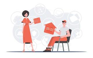 Internet of things concept. The girl and the guy are a team in the field of Internet of things. Good for websites and presentations. illustration in trendy flat style. vector