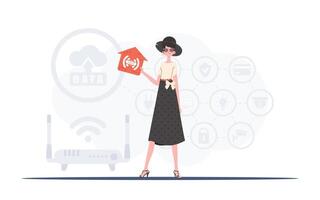 Internet of things concept. The woman is depicted in full growth, holding an icon of a house in her hands. Good for websites and presentations. Vector illustration in trendy flat style.