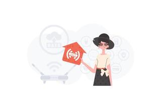 The woman is depicted waist-deep, holding an icon of a house in her hands. Internet of things concept. Good for presentations and websites. Vector illustration in flat style.