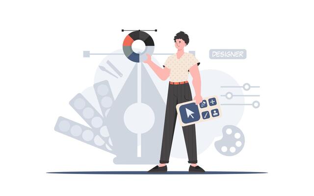 The man stands to his full height and holds the designer's panel. Design. Element for presentation.