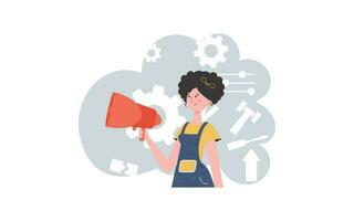 A woman is waist-deep holding a loudspeaker. Search. Element for presentation. vector