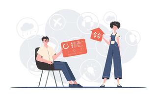 Internet of things concept. The girl and the guy are a team in the field of Internet of things. Good for websites and presentations. Vector illustration in trendy flat style.