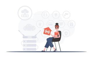 Internet of things concept. The girl sits in a chair and holds an icon of a house in her hands. Good for presentations. Vector illustration in flat style.