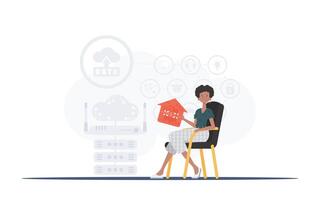 Internet of things and automation concept. The girl sits in a chair and holds an icon of a house in her hands. Good for websites and presentations. illustration in trendy flat style. vector