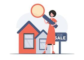 A woman stands in full growth busy looking for a rental apartment. Property search. Flat style. Element for presentations, sites. vector