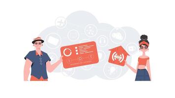 IoT concept. The girl and the guy are a team in the field of Internet of things. Good for websites and presentations. illustration in flat style. vector