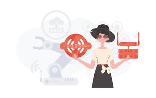 iot concepto. un mujer sostiene el Internet de cosas logo en su manos. enrutador y servidor. bueno para presentaciones y sitios web vector ilustración en plano estilo.