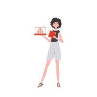 A woman holds a laptop and a processor chip in her hands. Internet of things and automation concept. Isolated. Trendy flat style. Vector illustration.