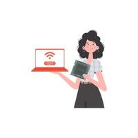 A woman holds a laptop and a processor chip in her hands. IOT and automation concept. Isolated. Trendy flat style. Vector illustration.