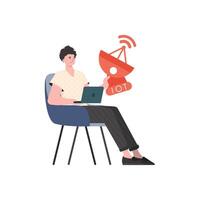 IOT and automation concept. The guy is holding a satellite dish in his hands. Isolated. Vector illustration in trendy flat style.