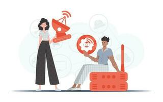 IoT concept. The girl and the guy are a team in the field of IoT. Good for websites and presentations. Trendy flat style. Vector. vector