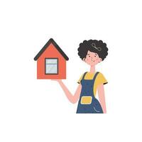 The girl is depicted waist-deep holding a house in her hands. Real estate sale concept. Isolated. Vector illustration.