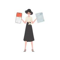 A woman holds a calculator and a tax form in her hands. Isolated on white background. Trend style, vector illustration.