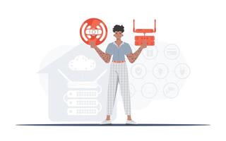 Internet of things concept. A man is holding an internet thing icon in her hands. Router and server. Good for presentations and websites. Vector illustration in flat style.