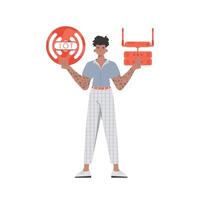 A man holds the internet of things logo in his hands. Router and server. IoT concept. Isolated. Vector illustration.