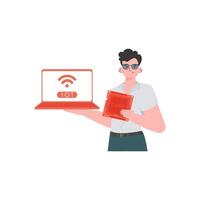 A man holds a laptop and a processor chip in his hands. IOT and automation concept. Isolated. Trendy flat style. Vector illustration.