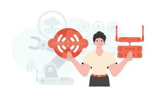 Internet de cosas y automatización concepto. un hombre es participación un Internet cosa icono en su manos. enrutador y servidor. bueno para sitios web y presentaciones vector ilustración en plano estilo.