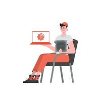 A man holds a laptop and a processor chip in his hands. IoT concept. Isolated. Trendy flat style. Vector illustration.