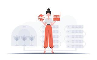 IoT concept. A woman holds the internet of things logo in her hands. Router and server. Good for websites and presentations. Vector illustration in flat style.