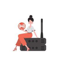 A woman is holding an internet thing icon in her hands. Router and server. IoT concept. Isolated. Trendy flat style. Vector illustration.