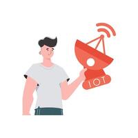 Internet of things concept. The guy is holding a satellite dish in his hands. Isolated. Vector illustration in flat style.