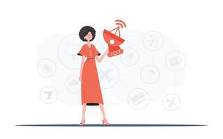 A woman holds a satellite dish in her hands. Internet of things concept. Good for presentations and websites. Vector illustration in flat style.