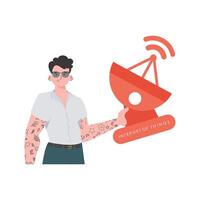 IOT and automation concept. The guy is holding a satellite dish in his hands. Isolated on white background. Vector illustration in flat style.